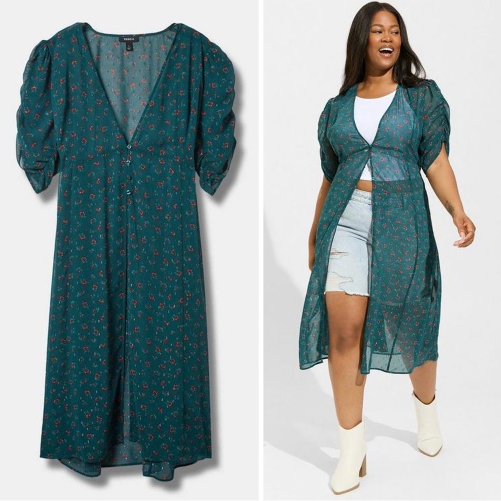 Torrid 3X Chiffon Ruched Sleeve Dark Green Kimono Semi-Sheer